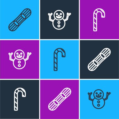 Çizgi çizgisi Snowboard, Noel şekeri bastonu ve kardan adam ikonu. Vektör