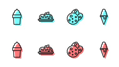 Kurabiye ya da bisküvi, waffle külahında dondurma, pasta ve ikon. Vektör