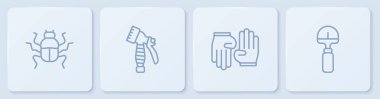 Kuyruk böceği, lastik eldiven, su püskürtme şişesi ve kürek. Beyaz kare düğme. Vektör