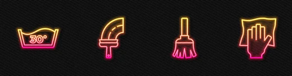 Set lijn Veer bezem, Temperatuur wassen, Rubber reiniger voor ramen en schoonmaak service. Een gloeiend neon icoon. Vector — Stockvector