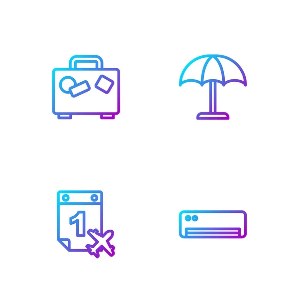 Set line Air conditioner, Calendar and airplane, Suitcase and Sun protective umbrella. Gradient color icons. Vector — Stock Vector