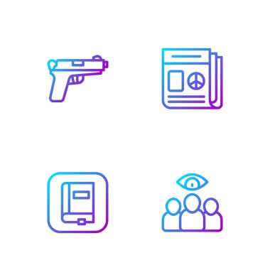 Ajan, ajan, hukuk kitabı, tabanca ya da silah ve haberler. Renk simgeleri. Vektör