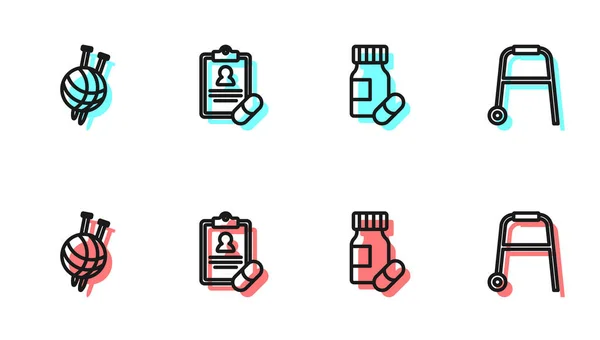 Set línea medicina botella y pastillas, bola de hilo con agujas de punto, prescripción médica y Walker icono. Vector — Vector de stock