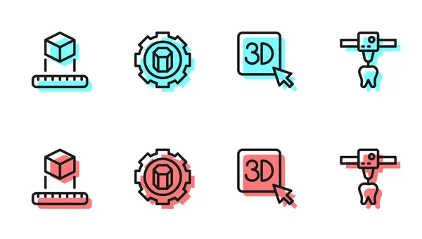 Set line 3D-Drucker, Isometrischer Würfel, Einstellung und Zahn-Symbol. Vektor — Stockvektor