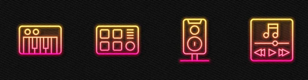 Set line Stereo speaker, Music synthesizer, Drum machine en speler. Een gloeiend neon icoon. Vector — Stockvector