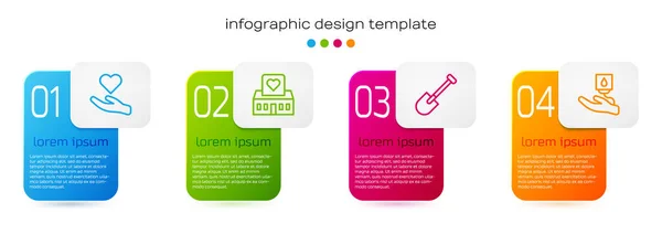 Set line Coeur en main, Centre de bénévolat, Pelle et don de sang. Modèle d'infographie d'entreprise. Vecteur — Image vectorielle