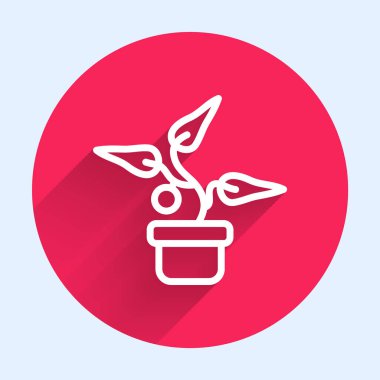 Beyaz çizgili saksı bitkisi uzun gölgeli tencere simgesinde izole edilmiş. Tencerede yetişen bir bitki. Saksı bitkisi işareti. Kırmızı daire düğmesi. Vektör.