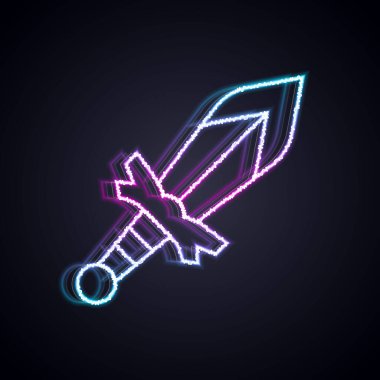 Parlayan neon hattı Ortaçağ kılıç ikonu siyah arka planda izole edildi. Ortaçağ silahı. Vektör.
