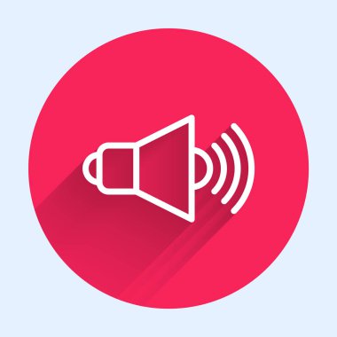 Beyaz çizgi hoparlör sesi, ses sembolü, medya müzik ikonu uzun gölgeli izole edilmiş. Kırmızı daire düğmesi. Vektör.