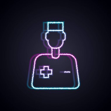 Parlayan neon hattı erkek doktor ikonu siyah arka planda izole edildi. Vektör.