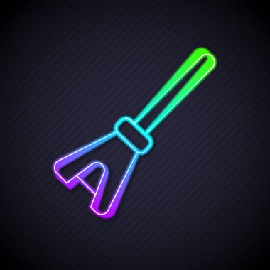 Parlayan neon hattı paspas simgesi siyah arkaplanda izole edildi. Temizlik hizmeti konsepti. Vektör.