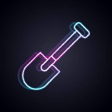 Parlayan neon hattı kürek simgesi siyah arkaplanda izole edildi. Bahçe aletleri. Bahçecilik, tarım, çiftçilik aleti. Vektör.