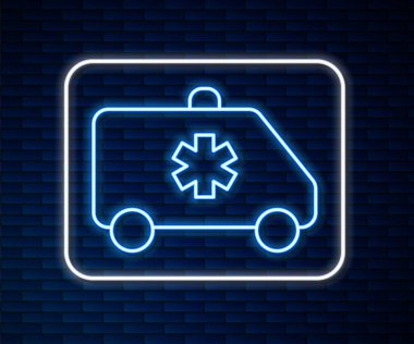 Parlayan neon hattı ambulansı ve acil durum arabası simgesi tuğla duvar arkasında izole edildi. Ambulans aracı tıbbi tahliye. Vektör.