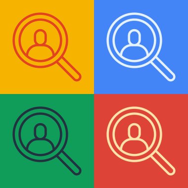 Renkli arka planda izole edilmiş bir insan simgesini aramak için büyüteç. İşe alım ya da seçim konsepti. Çalışanları ve işi ara. Vektör.