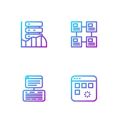 Satır Yükleme Veri Penceresi, Sunucu, Veri, Web Sunucusu ve Hiyerarşi organizogram şemasını ayarla. Renk simgeleri. Vektör