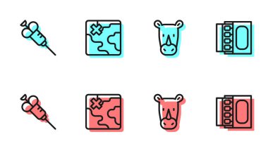 Gergedan, şırınga, Afrika safari haritası, kibrit kutusu ve kibrit kutusunu ayarlayın. Vektör