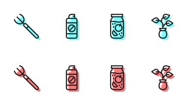 Reçel kavanozu, bahçe yabası, sprey gübre ve bitki ikonu. Vektör