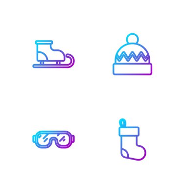 Noel çorapları, kayak gözlükleri, artistik patenler ve kış şapkası. Renk simgeleri. Vektör