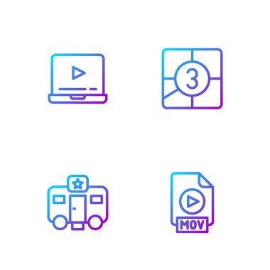 MOV dosya dökümanını, Aktör fragmanını, çevrimiçi oyun videosunu ve Eski Film gerisayımı çerçevesini ayarla. Renk simgeleri. Vektör