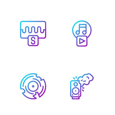 Hat Stereo hoparlörünü, Vinil diskini, Müzik dalga eşitleyicisini ve Play Square 'i ayarla. Renk simgeleri. Vektör