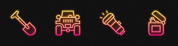 Set Lijn Zaklamp Schop Road Auto Lichter Een Gloeiend Neon — Stockvector