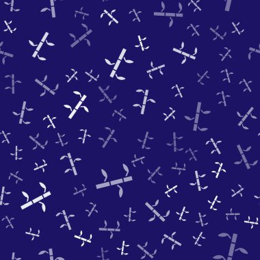 Beyaz Bambu, mavi arka planda yaprakların ikonundan izole edilmiş, pürüzsüz bir desen oluşturur. Vektör İllüstrasyonu