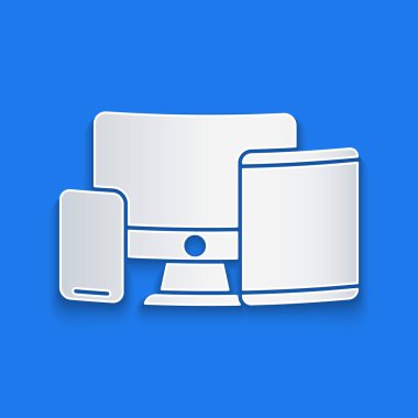 Kağıt kesiği bilgisayar monitörü, grafik tablet ve cep telefonu simgesi mavi arkaplanda izole edildi. İnternetten kazanç, pazarlama. Kağıt sanatı tarzı. Vektör
