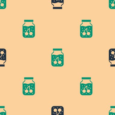 Yeşil ve siyah reçel kavanozu ikonu bej arka planda izole edilmiş pürüzsüz desen. Vektör