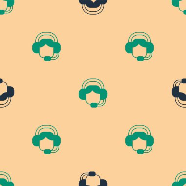 Kulaklık simgesine sahip yeşil ve siyah bir kadın bej arka planda kusursuz bir desen izole etti. Destek operatörü hatta. Çağrı merkezi konsepti, müşteri destek servisi. Vektör