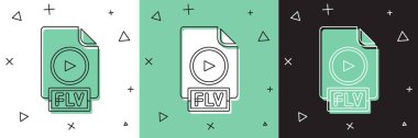 Set FLV file document video file format. Download flv button icon isolated on white and green, black background. FLV file symbol. Vector