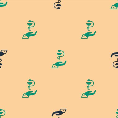 Yeşil ve siyah Caduceus yılan tıbbi sembolü simgesi bej arka planda izole edilmiş kusursuz desen. İlaç ve sağlık hizmetleri. Eczane, ilaç, eczane amblemi. Vektör