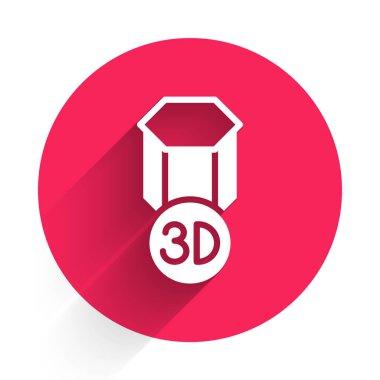 Uzun gölgeli beyaz 3D yazıcı simgesi. 3D baskı. Kırmızı daire düğmesi. Vektör