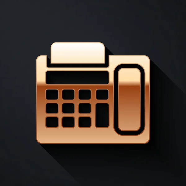 Icono de teléfono dorado aislado sobre fondo negro. Teléfono fijo. Estilo de sombra larga. Ilustración vectorial — Vector de stock