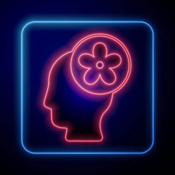 Świecący neon Głowa człowieka z kwiatem wewnątrz ikony izolowane na czarnym tle. Wektor — Wektor stockowy
