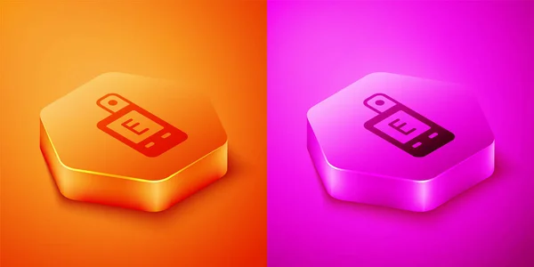 Isometric Light meter icon isolated on orange and pink background. Hand luxmeter. Exposure meter - a device for measuring the brightness. Hexagon button. Vector — Stock Vector