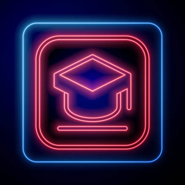 Icono de la tapa de graduación de neón brillante aislado sobre fondo negro. Sombrero de graduación con icono de borla. Vector — Archivo Imágenes Vectoriales