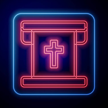 Siyah arka planda Hristiyan haçı simgesi olan parlak neon bayrak. Vektör