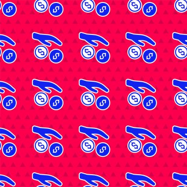 Mavi Bağış ve Bağış ikonu kırmızı arka planda izole edilmiş kusursuz desen. Para ve bağış konsepti. Vektör