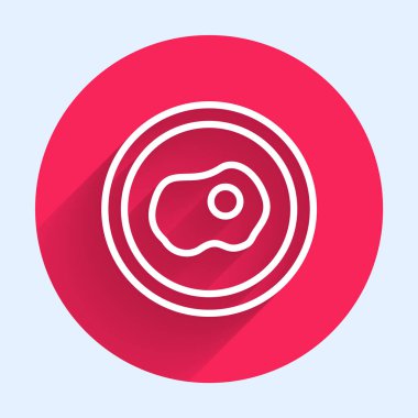 White line Scrambled eggs icon isolated with long shadow. Home cooked food, fried egg, healthy breakfast, omelet icon. Red circle button. Vector