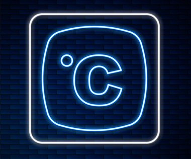 Parlayan neon hattı Celsius simgesi tuğla duvar arka planında izole edildi. Vektör