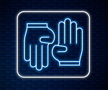 Parlayan neon çizgisi lastik eldiven ikonu tuğla duvar arka planında izole edilmiş. Lateks el koruması işareti. Ev işi temizlik ekipmanları sembolü. Vektör