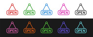 Set line Hanging sign with text Open door icon isolated on black and white background. Vector