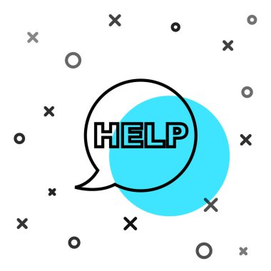 Metin içerikli siyah satır konuşma balonu beyaz arkaplanda izole edilmiş yardım simgesi. Rastgele dinamik şekiller. Vektör