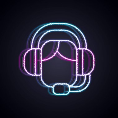 Siyah arka planda izole edilmiş, kulaklık simgesi olan parlak neon çizgili kadın. Destek operatörü hatta. Çağrı merkezi konsepti, müşteri destek servisi. Vektör