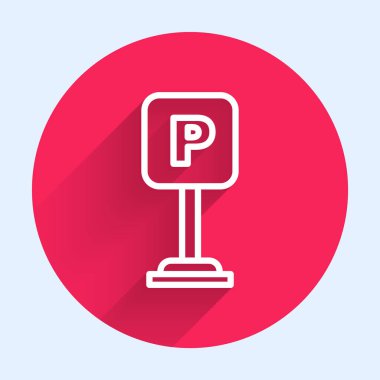White line Parking icon isolated with long shadow. Street road sign. Red circle button. Vector