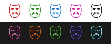 Çizgi çizgisi dramatik maske simgesi siyah beyaz arkaplanda izole edildi. Vektör