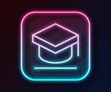 Parlayan neon hattı mezuniyet simgesi siyah arkaplanda izole edildi. Tassel ikonlu mezuniyet şapkası. Vektör