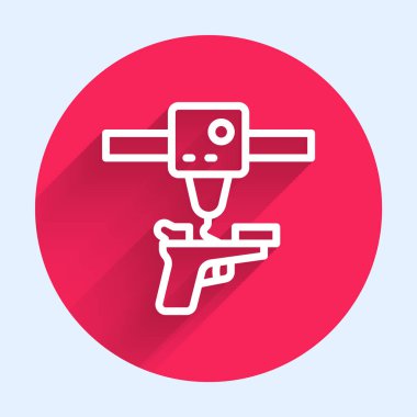 White line 3D printer gun icon isolated with long shadow. 3d printing. Red circle button. Vector