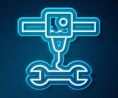 Glowing neon line 3D printer wrench spanner icon isolated on blue background. 3d printing. Vector