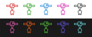 Set line 3D printer tooth icon isolated on black and white background. 3d printing. Vector